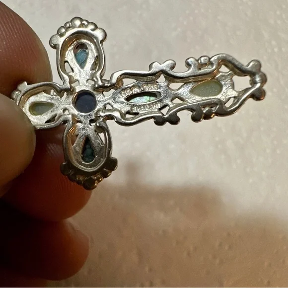 Vintage Sterling Silver Cross With Multicolored Gemstones 1.75 Inches Signed - Picture 6 of 8